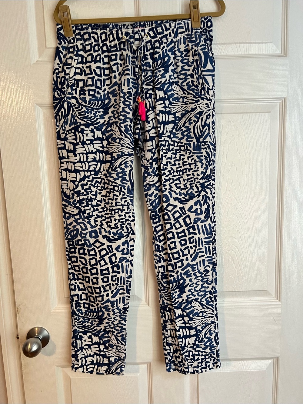 Lilly Pulitzer Aden Linen Tassel Ankle Indigo Home Slice Blue White
